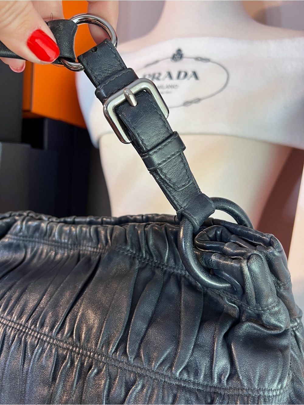 Prada BlackDark Gray Ruched Leather Hobo Bag! ⭐️⭐️Offers are always welcome! - Picture 9 of 15